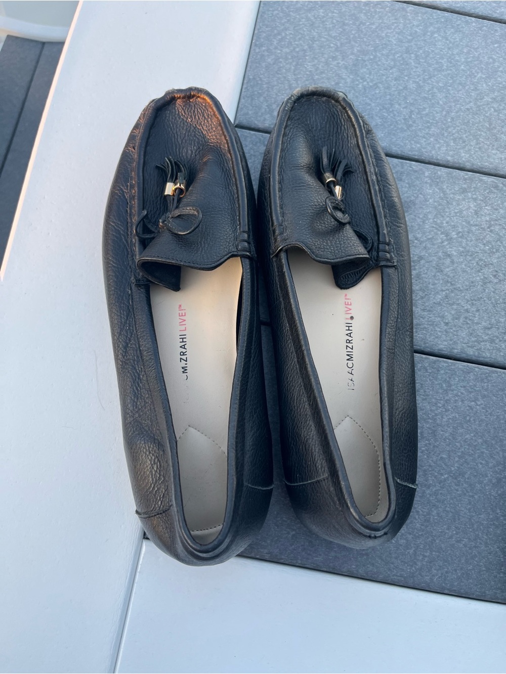 Isaac Mizrahi Black Leather Tassel Moccasins with Gold Accent